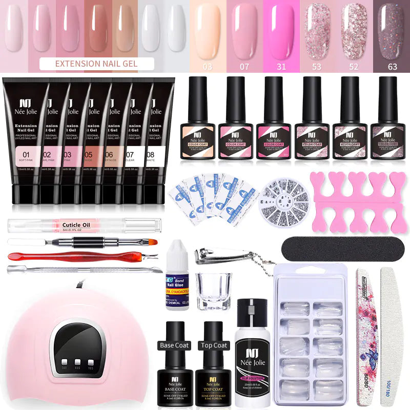 💅 Set Completo de Uñas con Gel de Extensión, Purpurina Cristalina y Lámpara UV — Manicura Profesional en Casa