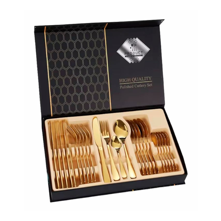 ALBEZON® AUREA™ 24 – Juego de Cubiertos Dorados de 24 Piezas | Elegancia que Se Nota en la Mesa