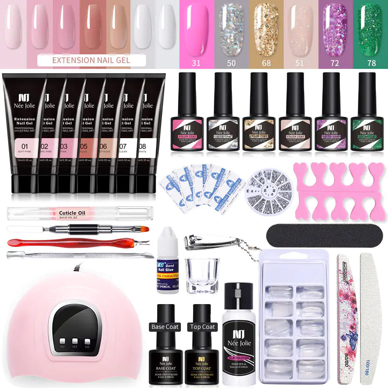 💅 Set Completo de Uñas con Gel de Extensión, Purpurina Cristalina y Lámpara UV — Manicura Profesional en Casa