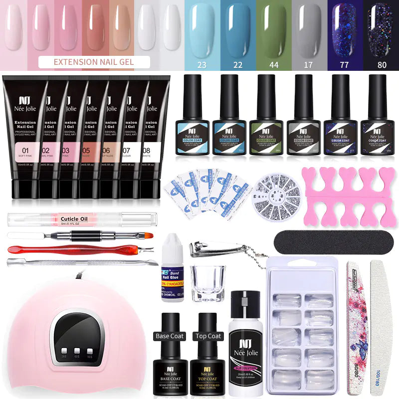 💅 Set Completo de Uñas con Gel de Extensión, Purpurina Cristalina y Lámpara UV — Manicura Profesional en Casa