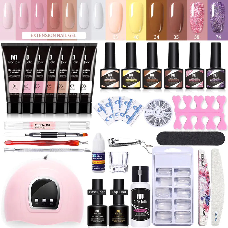 💅 Set Completo de Uñas con Gel de Extensión, Purpurina Cristalina y Lámpara UV — Manicura Profesional en Casa