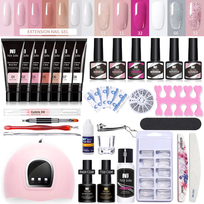 💅 Set Completo de Uñas con Gel de Extensión, Purpurina Cristalina y Lámpara UV — Manicura Profesional en Casa