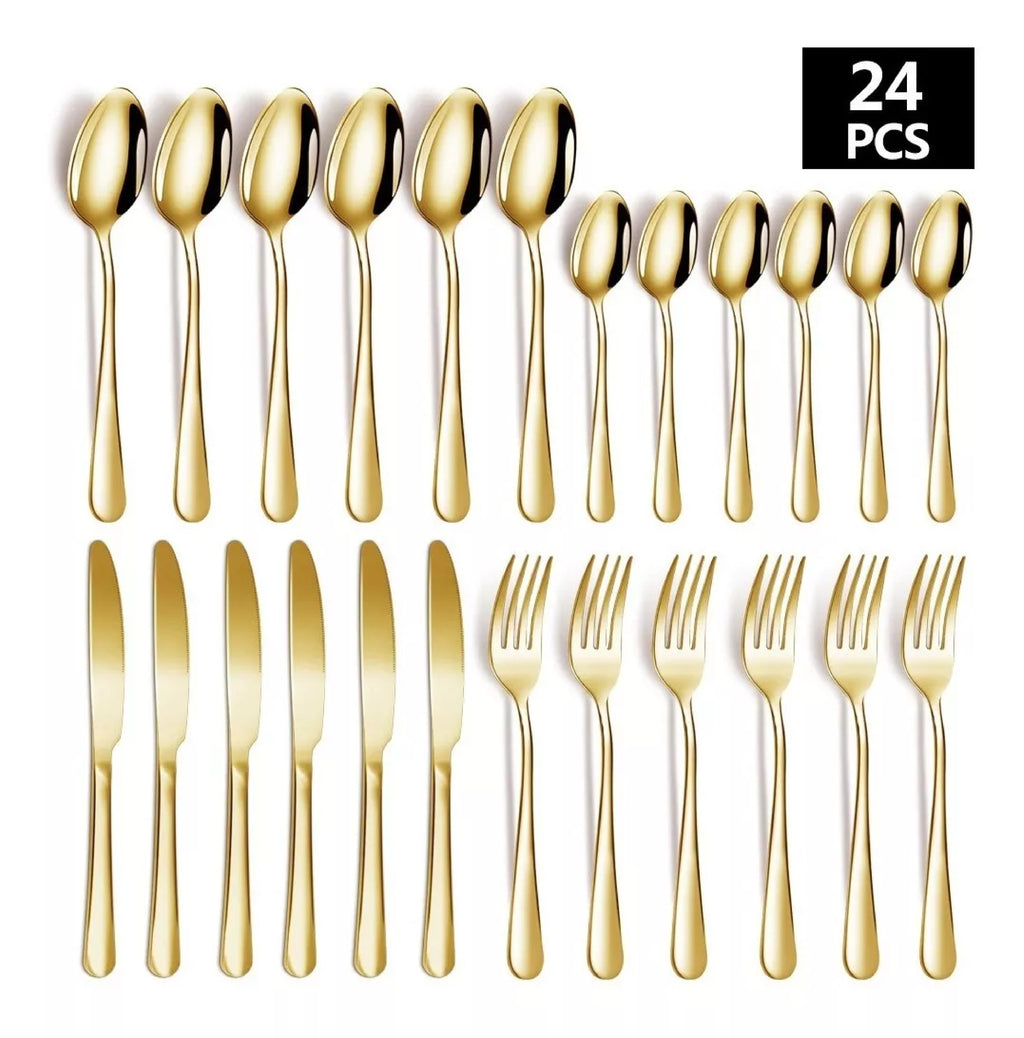 ALBEZON® AUREA™ 24 – Juego de Cubiertos Dorados de 24 Piezas | Elegancia que Se Nota en la Mesa