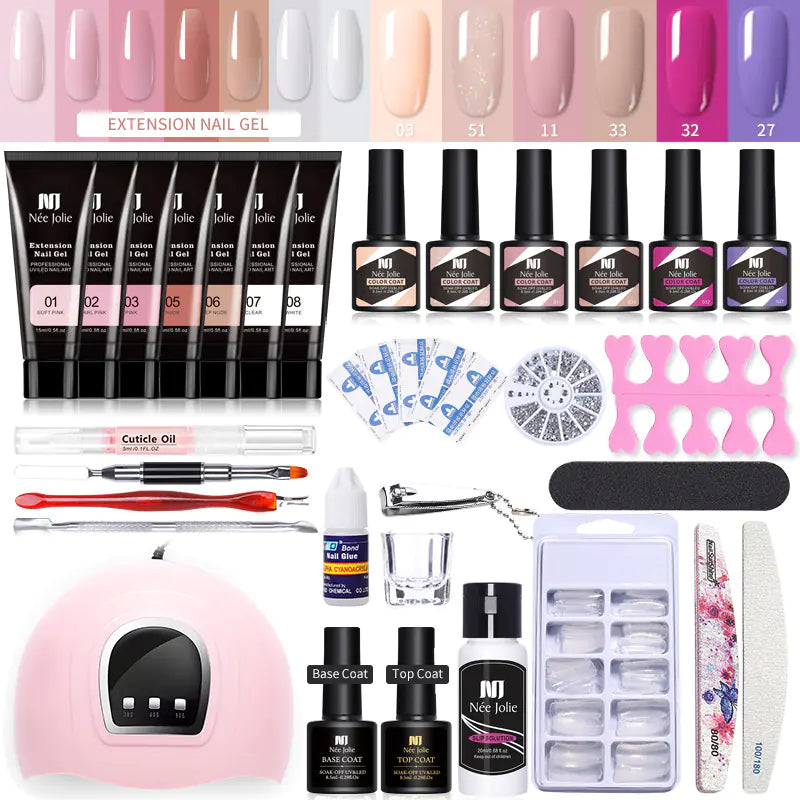 💅 Set Completo de Uñas con Gel de Extensión, Purpurina Cristalina y Lámpara UV — Manicura Profesional en Casa