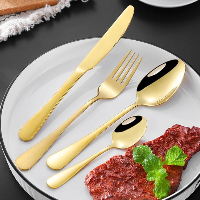 ALBEZON® AUREA™ 24 – Juego de Cubiertos Dorados de 24 Piezas | Elegancia que Se Nota en la Mesa